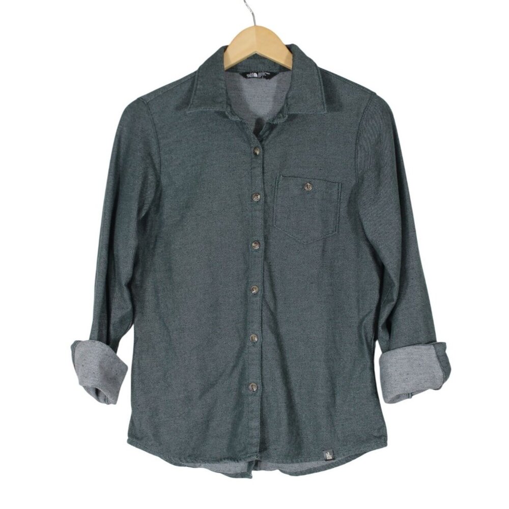 The North Face women's‎ green button front long sleeve split hem outdoor shirt S